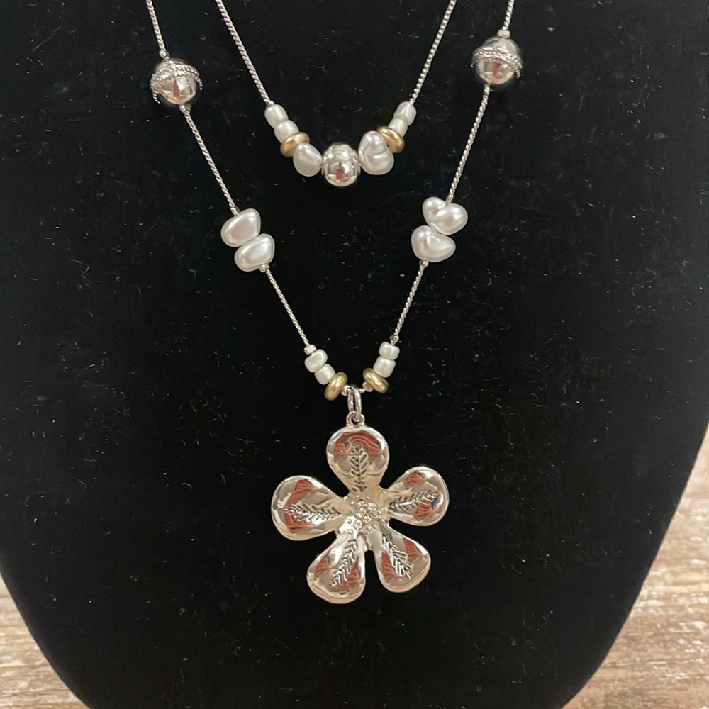 Chico’s Silver Tone Double Layer Strand Beaded Fl… - image 2